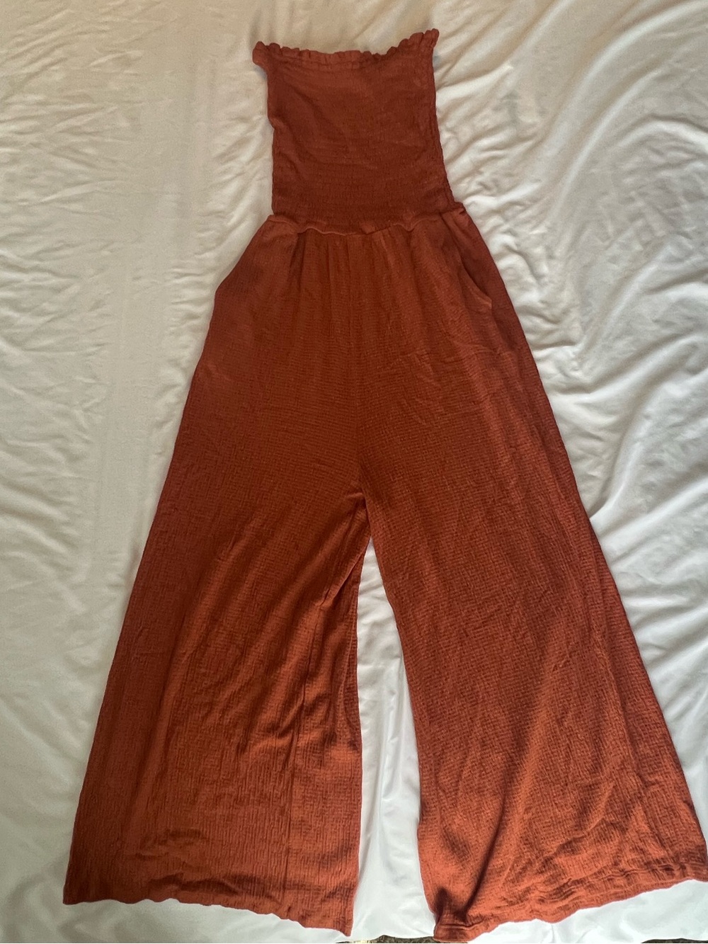 Love Tree Strapless Wide-Leg Jumpsuit in Rust